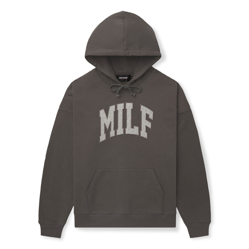The MILF Hoodie-Charcoal Embroidered Arc Logo Sweatshirt