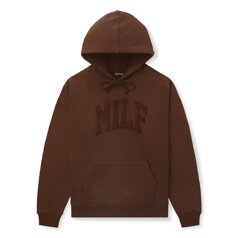 The MILF Hoodie-Chocolate Brown Embroidered Arc Logo Sweatshirt