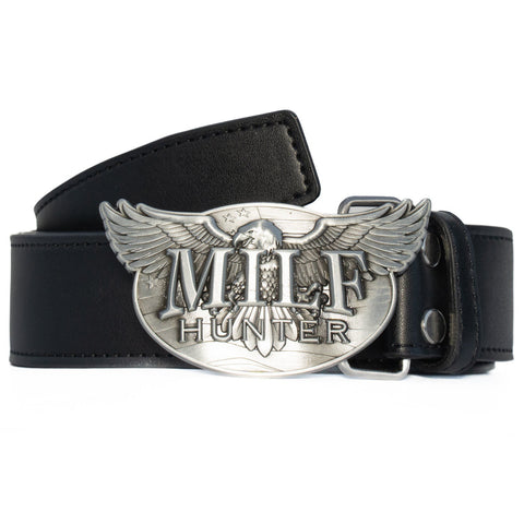 MILF Hunter Leather Belt - Black / Silver - - MILFDAD